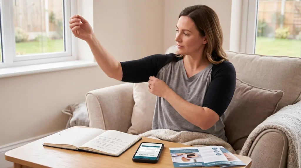Recovery image for is arm liposuction worth it showing a woman checking her upper arm compression garment at home.