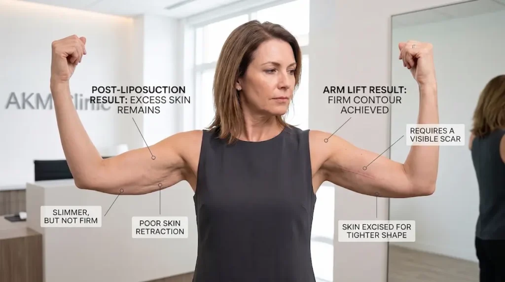 Woman comparing loose upper arm skin and lift results for is arm liposuction worth it guidance.