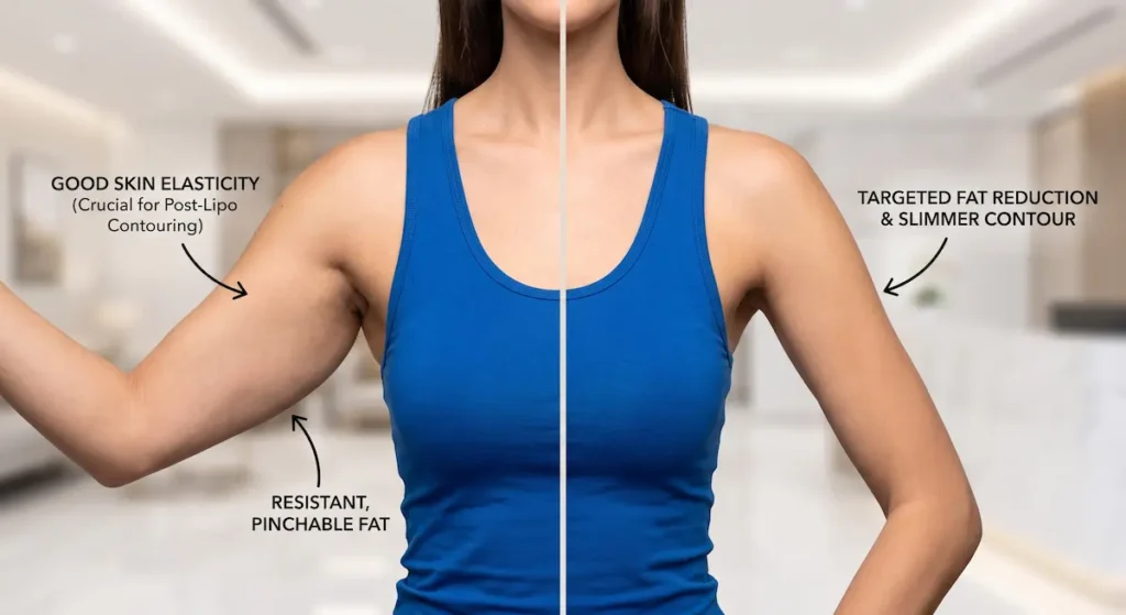 Split image explaining is arm liposuction worth it with good skin elasticity, pinchable fat, and slimmer upper arm contour.