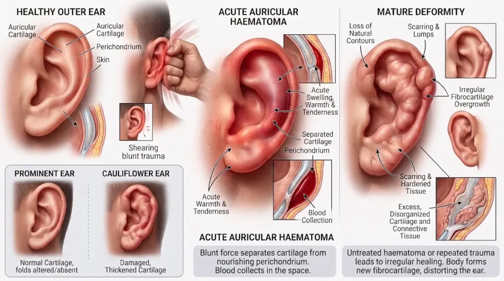 Cauliflower ear surgery diagram showing auricular haematoma, cartilage damage and mature wrestler’s ear deformity.