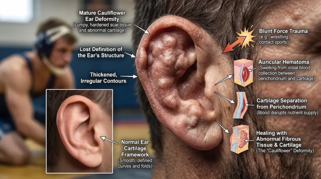 Diagram for cauliflower ear surgery showing auricular hematoma, cartilage separation and mature ear deformity.