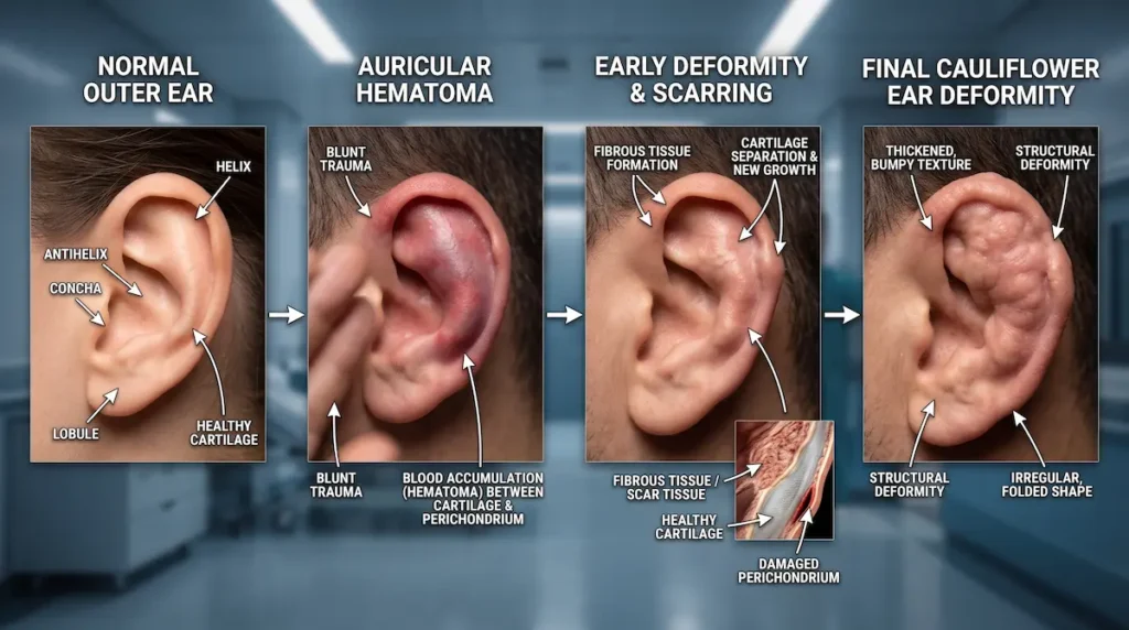 Cauliflower ear surgery infographic showing normal outer ear anatomy, auricular hematoma, early scarring, and final cartilage deformity.