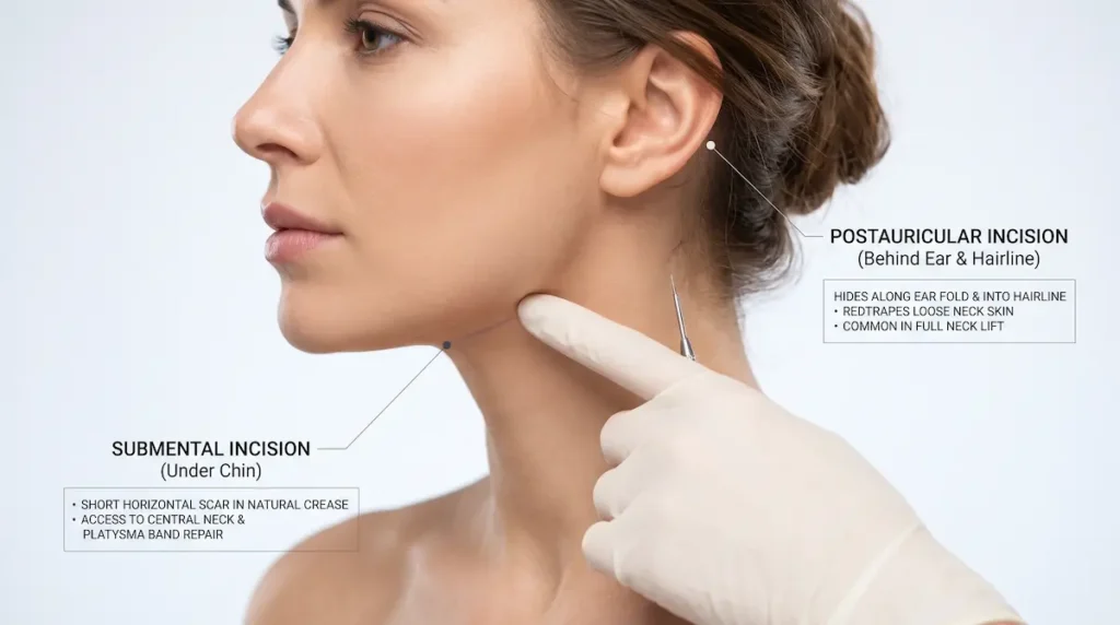 Neck lift scars diagram showing submental and postauricular incision placement under the chin and behind the ear.