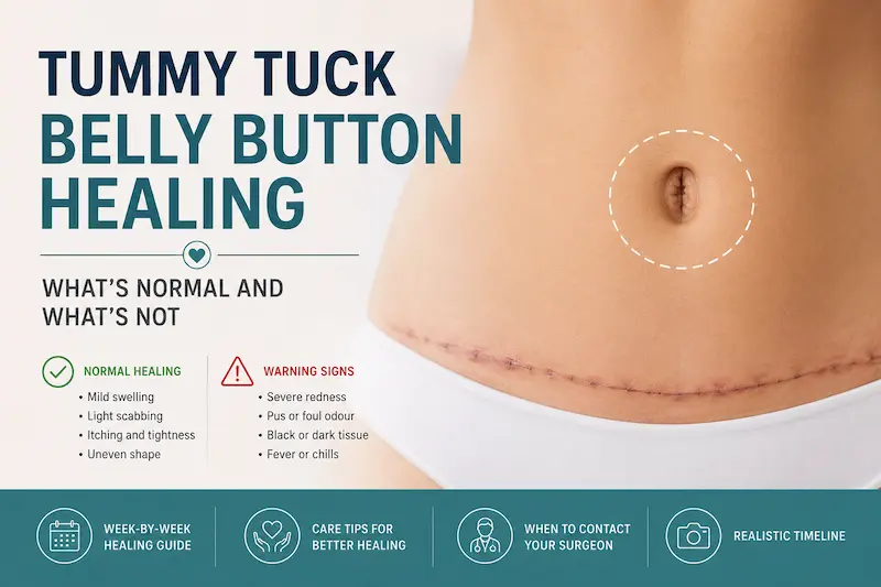 Medical cover image showing tummy tuck belly button healing, mild swelling, light scabbing, and warning signs such as pus, foul odour, or dark tissue.