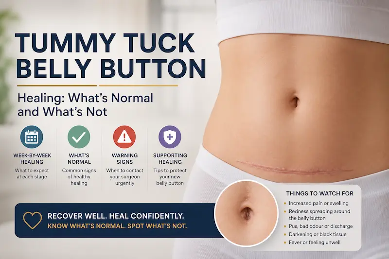 Infographic showing tummy tuck belly button healing stages, normal signs, warning signs and aftercare guidance.