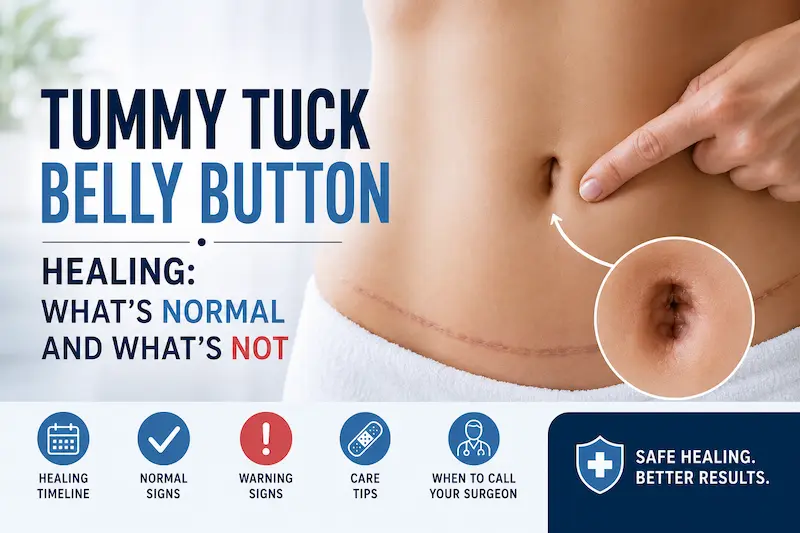 Infographic showing tummy tuck belly button healing, normal signs, warning signs, care tips, and when to call a surgeon.