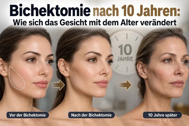 Bichektomie nach Jahren: drei Gesichtsstadien zeigen Wangenkontur vor, nach der OP und zehn Jahre später.