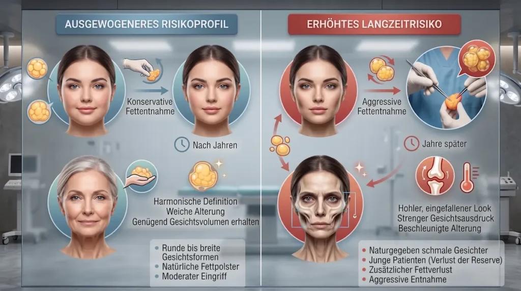 Bichektomie nach Jahren: Infografik vergleicht konservative und aggressive Fettentnahme mit unterschiedlichem Langzeitrisiko.