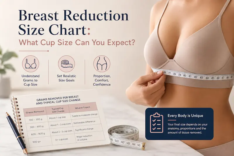 Breast reduction size chart cover image showing a woman measuring her bust, gram ranges and cup size guidance.
