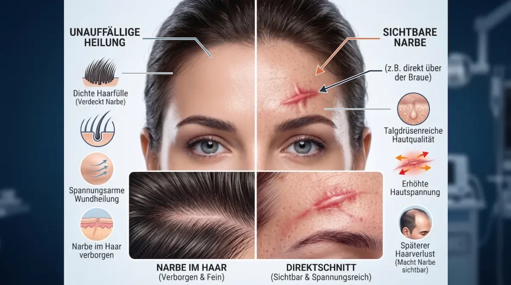 Narben nach Stirnlifting im Vergleich: verdeckte Narbe im Haar und sichtbare Brauenlifting Narbe.