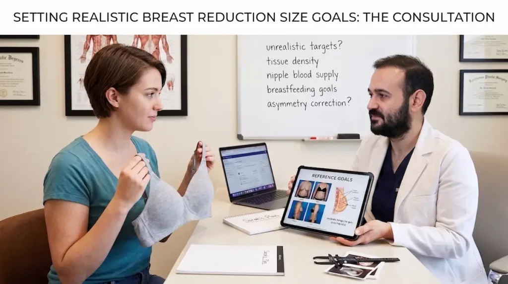 Breast reduction size chart consultation showing a surgeon discussing bra size goals and anatomy with a patient.
