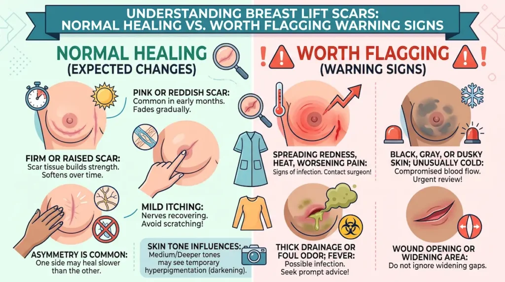 Infographic explaining breast lift scars with normal healing signs and warning symptoms such as redness, drainage, and dusky skin.