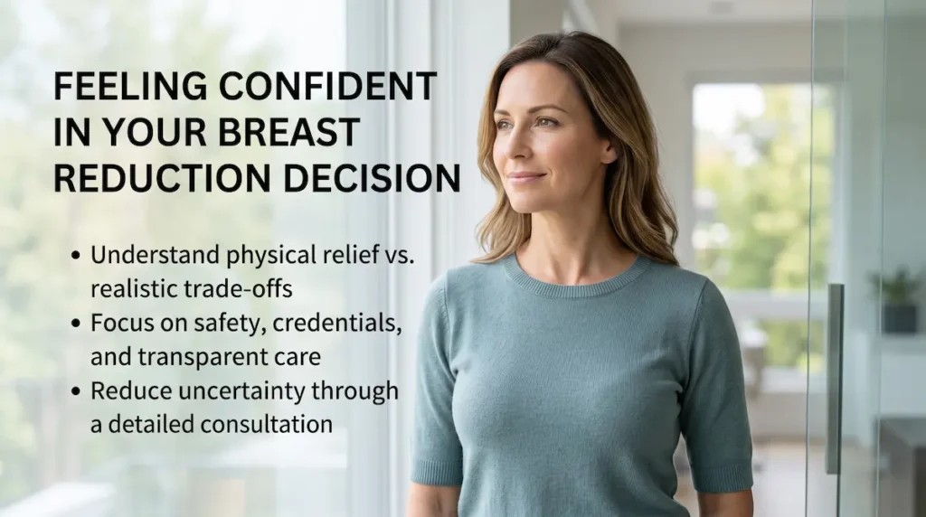 Woman after a breast reduction consultation, showing how clear expectations can help reduce breast reduction regret.
