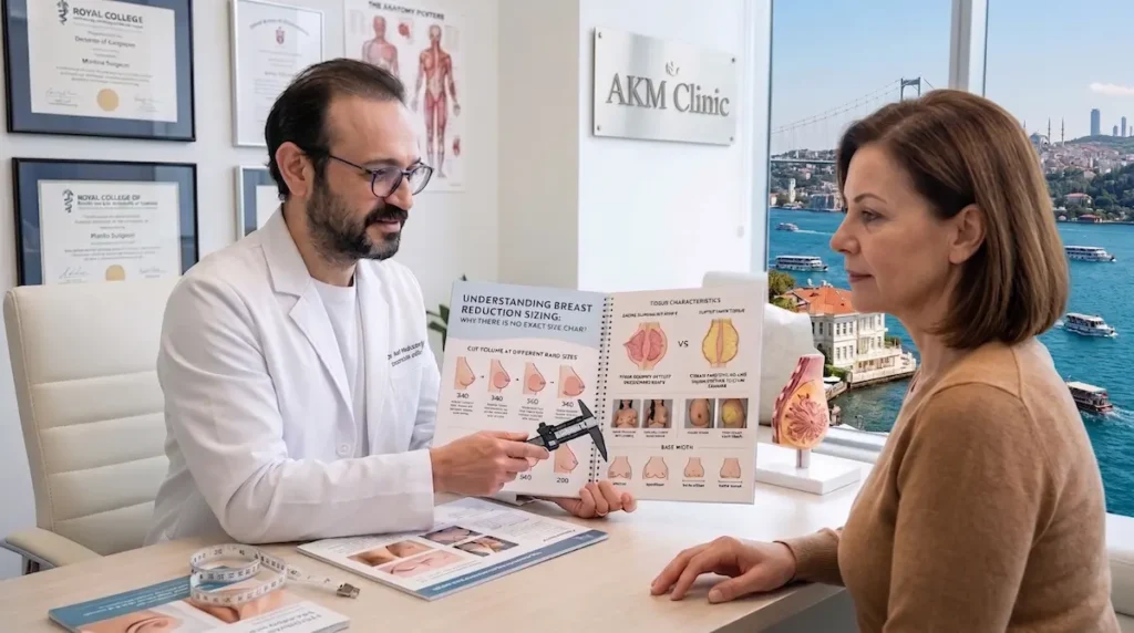 Surgeon using a breast reduction size chart to discuss target cup range and consultation goals with a patient.