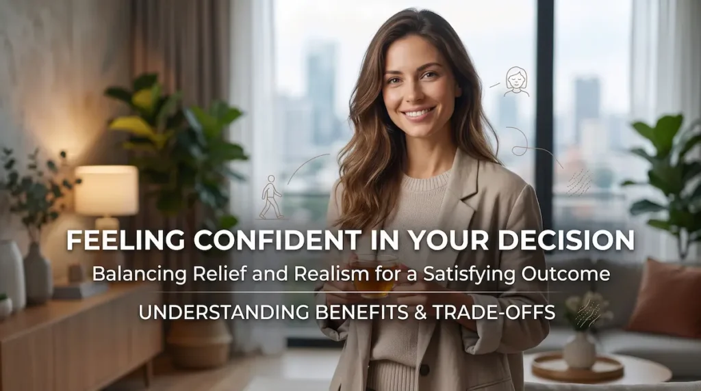 Smiling patient weighing breast reduction regret, benefits, trade offs, and realistic expectations before surgery.