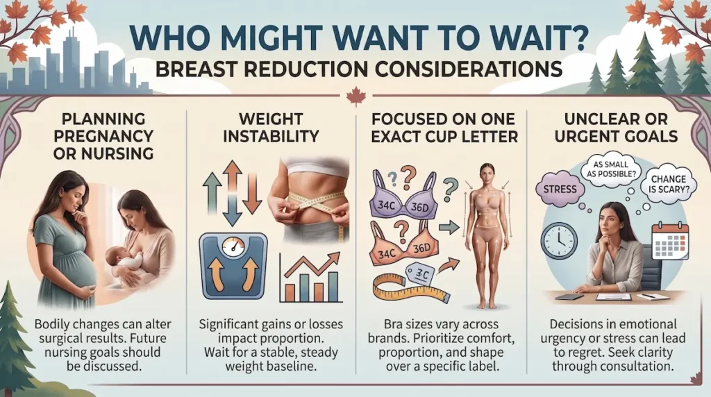 Infographic on pregnancy, weight stability, and cup size factors that can affect breast reduction regret.