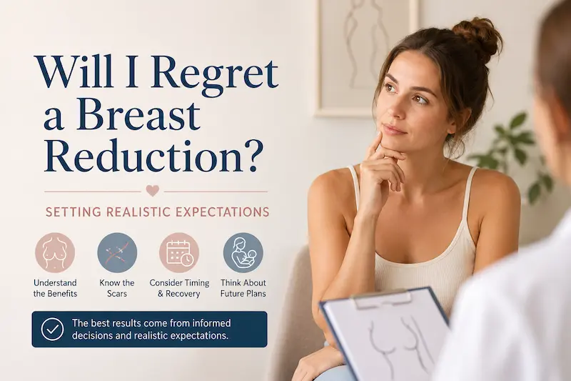 Woman in a surgical consultation reviewing breast reduction regret, scars, recovery timing, and future family plans.