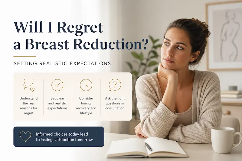 Woman considering breast reduction regret, realistic expectations and consultation questions before surgery.