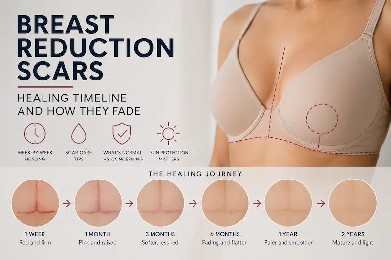 Medical infographic showing breast reduction scars healing from 1 week to 2 years with scar care tips.