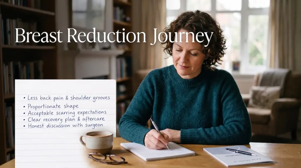 Woman planning breast reduction regret prevention with recovery, scarring and aftercare notes before surgery.