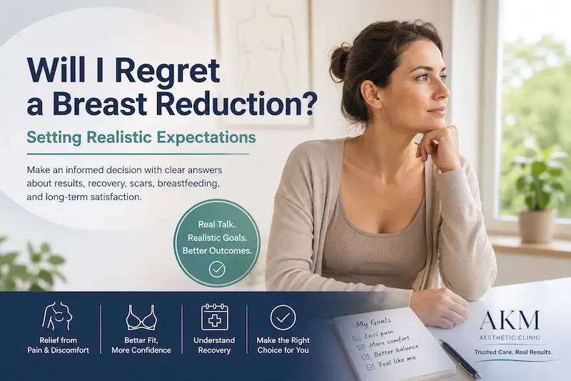 Woman in a clinic reviewing surgery goals for breast reduction regret, recovery, scars, breastfeeding, and long-term expectations.