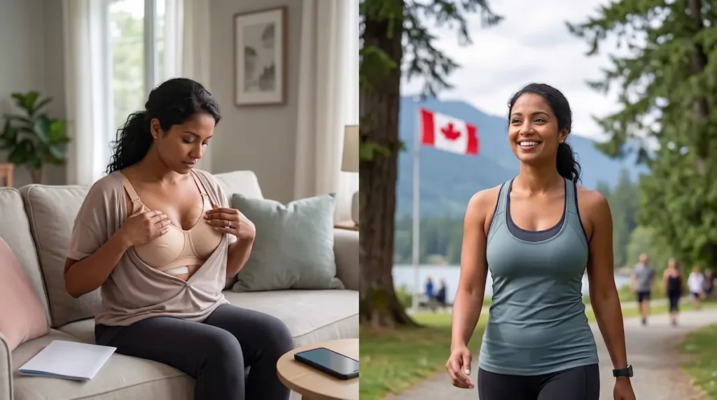 Woman weighing surgery concerns and active life in Canada, illustrating breast reduction regret and satisfaction after surgery.