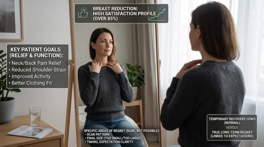 Woman reviewing breast reduction regret and satisfaction expectations, including pain relief, scars, recovery lows, and clothing fit.