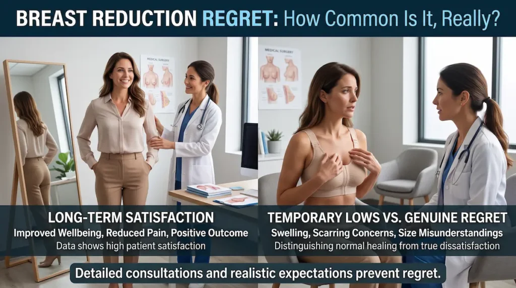 Patient consultation image explaining breast reduction regret, satisfaction rates and genuine recovery concerns.
