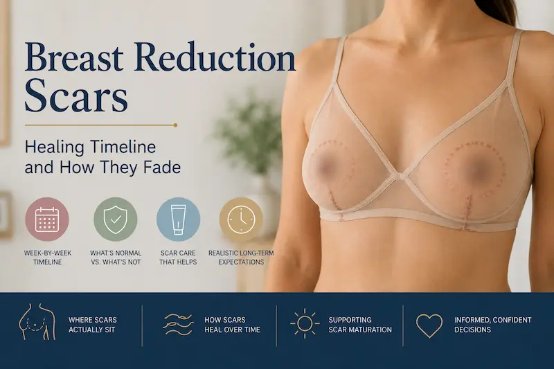 Breast reduction scars infographic showing circular areola scars, vertical scars, and under-breast scars with healing timeline details.
