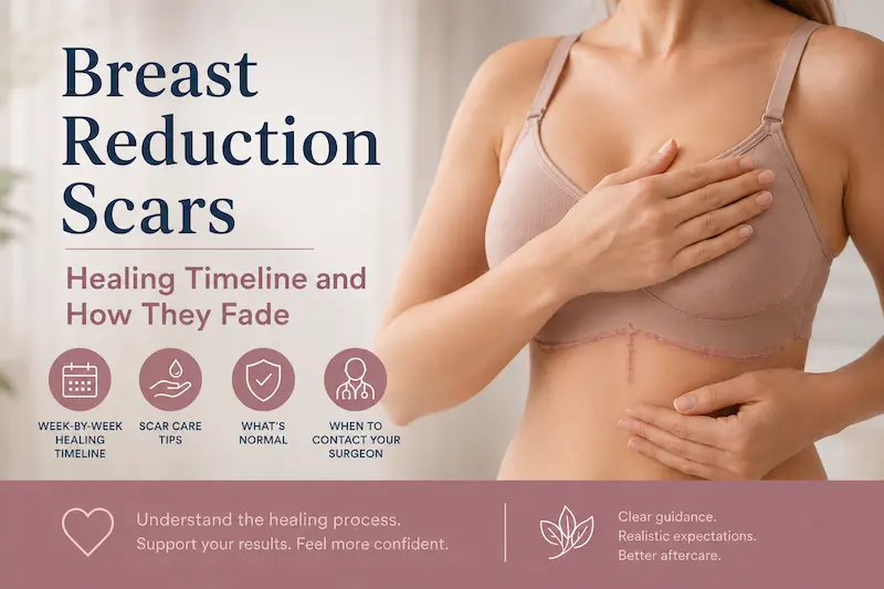 Breast reduction scars healing timeline cover showing scar care guidance and realistic expectations for UK patients.