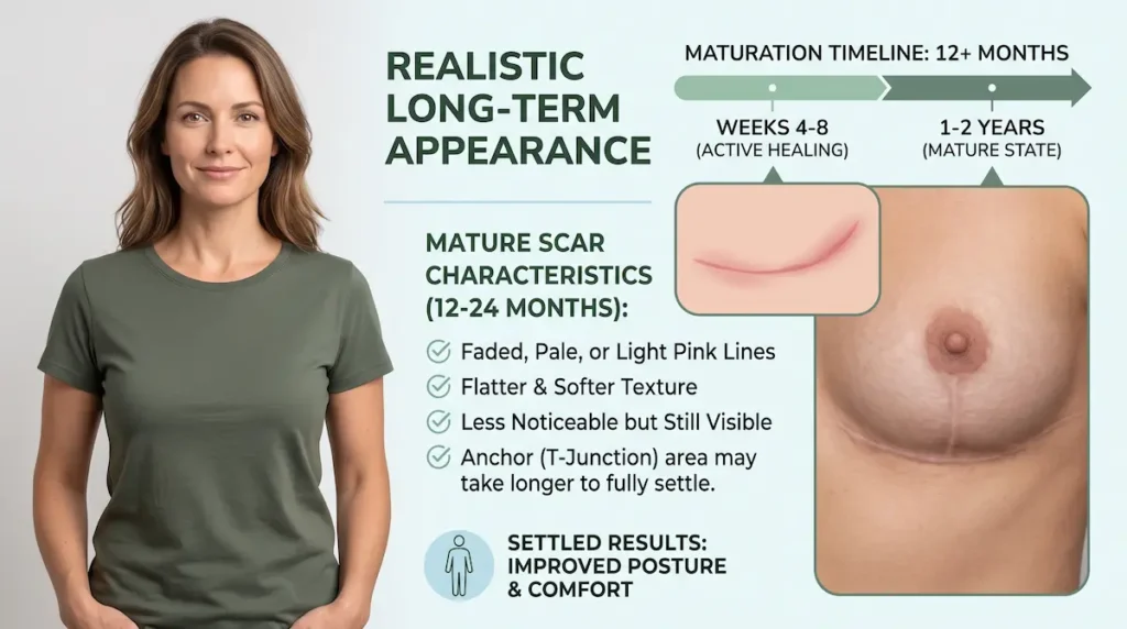 Breast reduction scars image showing scar maturation timeline, mature scar texture, and long term appearance after healing.