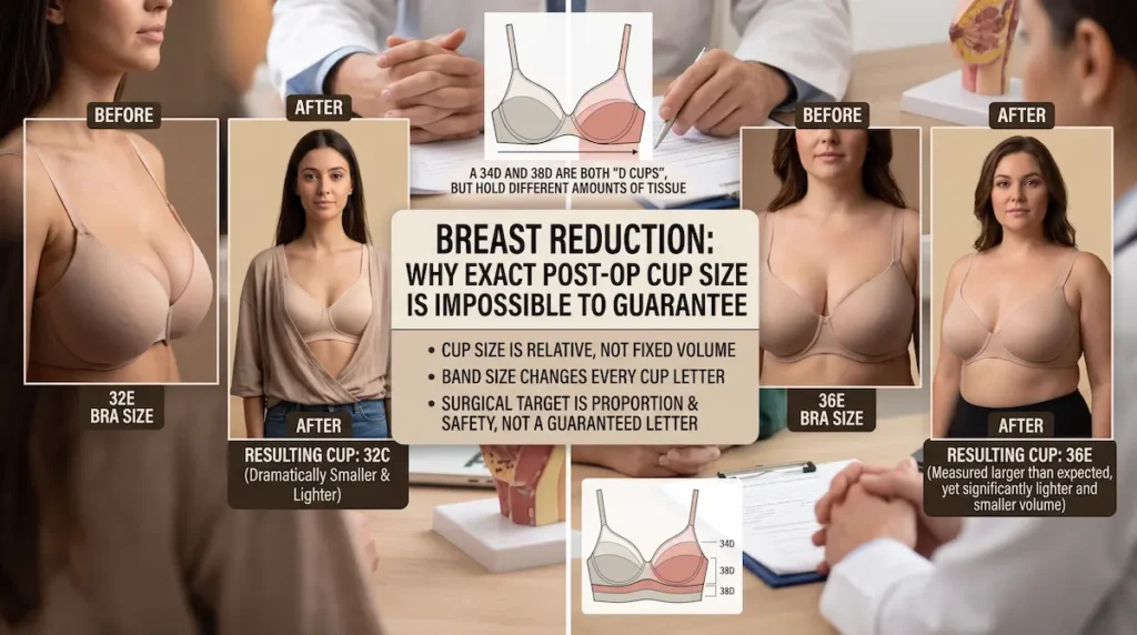 Breast reduction size chart explaining sister sizes, band size differences and why exact post-operative cup size cannot be guaranteed.