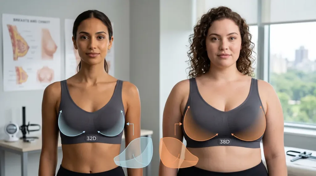 Breast reduction size chart image comparing 32D and 38D bodies to explain why cup size varies by band size and proportions.