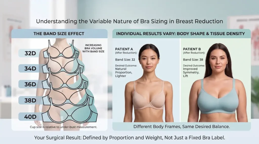Breast reduction size chart explaining band size, sister sizing, and why final cup results vary by body frame.
