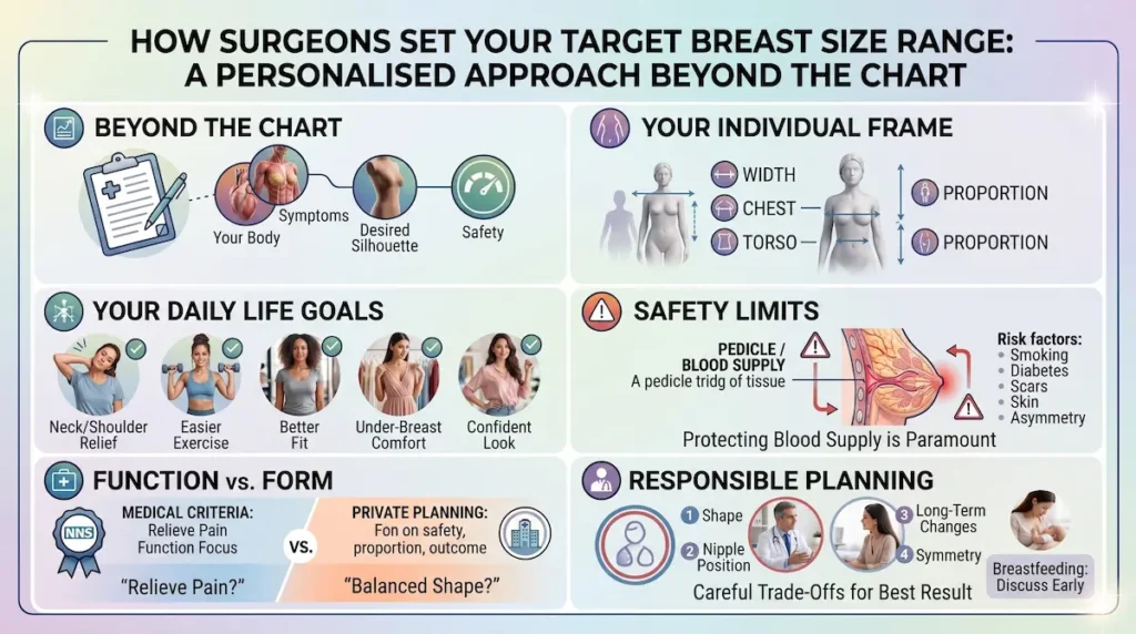 Breast reduction size chart infographic showing how surgeons plan target size around frame, symptoms and safety.