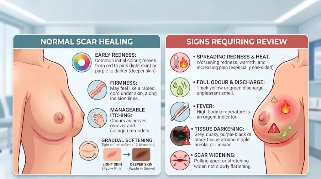Breast lift scars infographic comparing normal scar healing with warning signs that need surgical review.