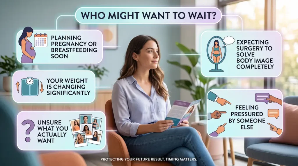 Patient considering breast reduction regret risk when planning pregnancy, weight changes, body image expectations, and timing.