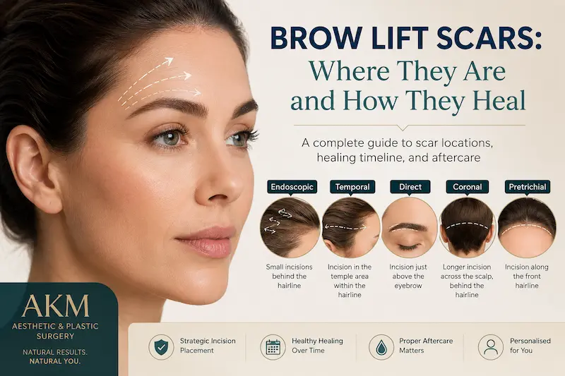 Annotated medical banner showing brow lift scars by technique, with incision locations and healing timeline.