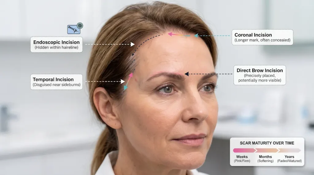Diagram of brow lift scars showing endoscopic, temporal, coronal and direct incision visibility on a woman’s face.