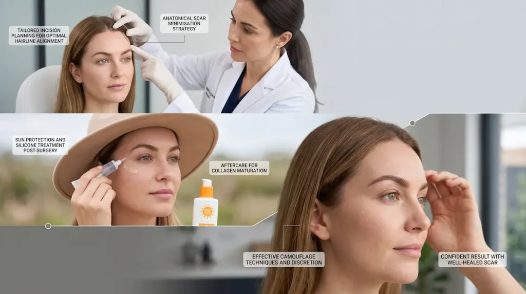 Brow lift scars aftercare image showing incision planning, sun protection, silicone treatment and camouflage guidance.