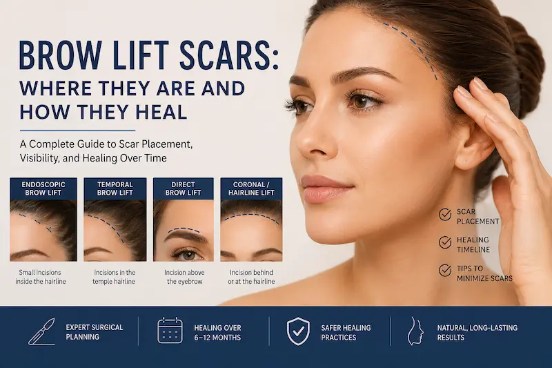 Brow lift scars infographic showing incision locations for endoscopic, temporal, direct, and coronal brow lift techniques.