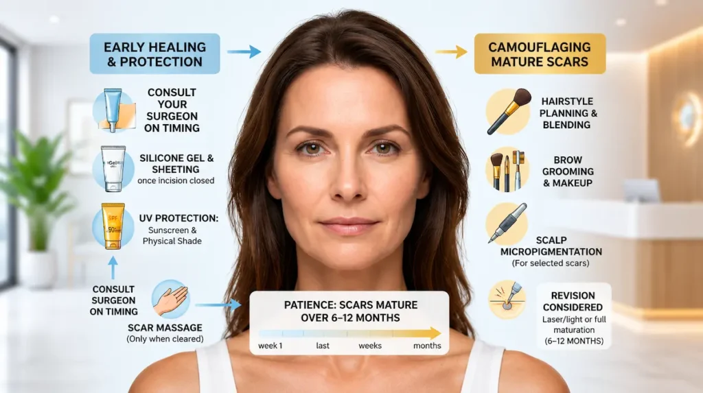 Brow lift scars care infographic showing silicone gel, UV protection, scar massage, makeup, and revision options.