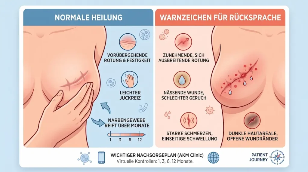 Infografik zu Narben nach Bruststraffung mit normaler Heilung und Warnzeichen für ärztliche Rücksprache