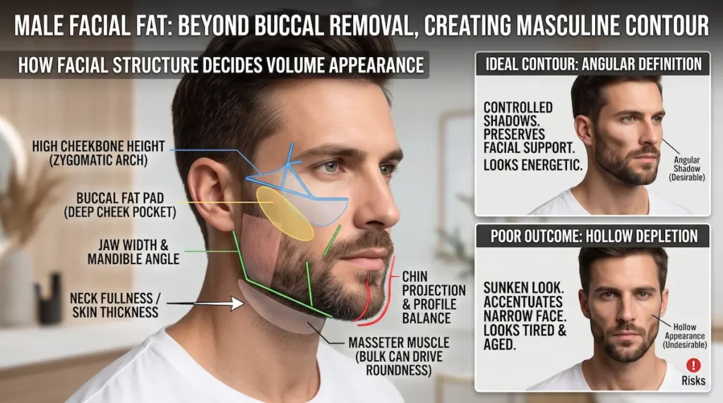 Buccal fat removal for men infographic showing cheekbone height, buccal fat pad, jaw width, chin projection, neck fullness, and hollowing risk.