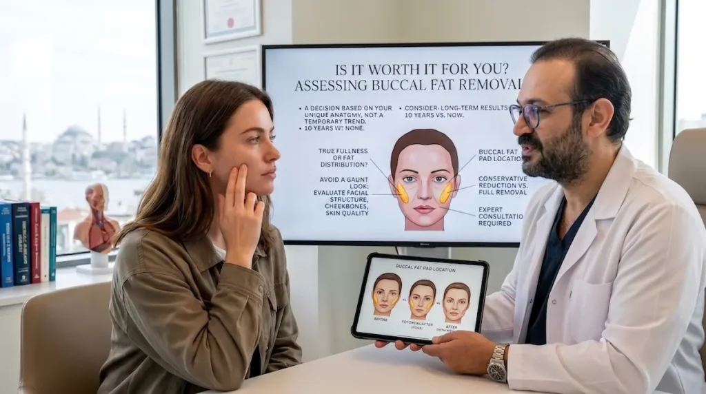 Doctor consultation about buccal fat removal 10 years later, assessing cheek fullness, facial ageing and long term suitability.
