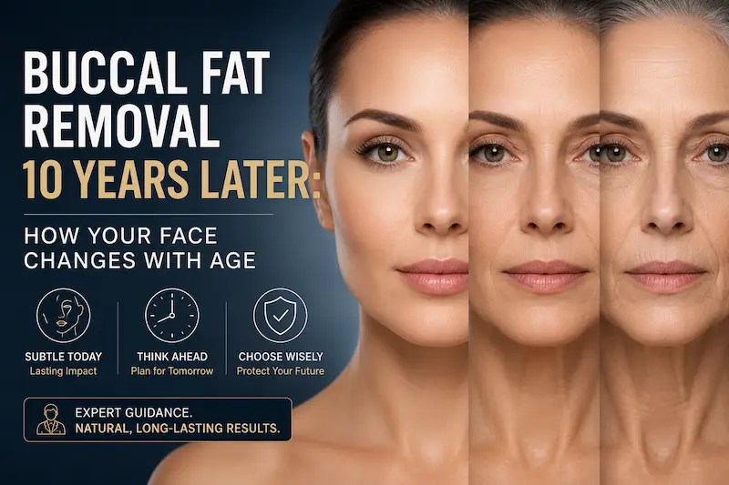 Cover image for buccal fat removal 10 years later, showing facial aging stages and the need for conservative cheek contouring.