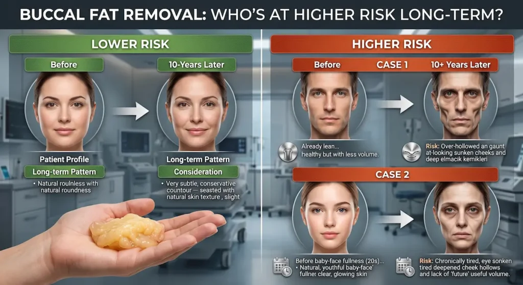 Infographic for buccal fat removal 10 years later comparing lower and higher risk profiles for cheek hollowing.