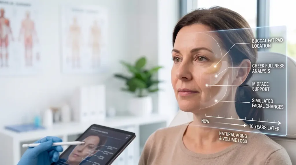 Clinical facial assessment for buccal fat removal 10 years later showing cheek fullness, midface support, and aging changes.