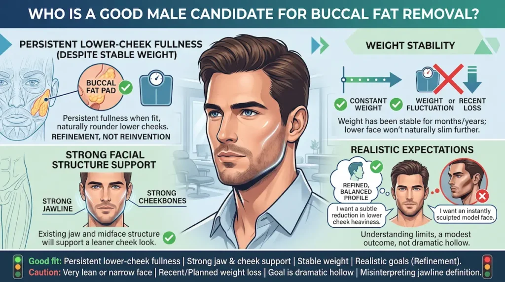 Buccal fat removal for men candidate diagram showing stable weight, lower cheek fullness and strong facial structure.