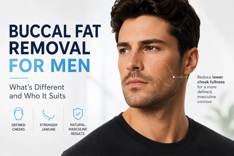 Buccal fat removal for men cover image showing lower cheek contouring and masculine jawline definition.